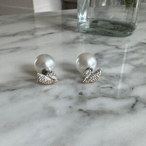 Pearl and Crystal Swarovski Swan Stud Earrings - White